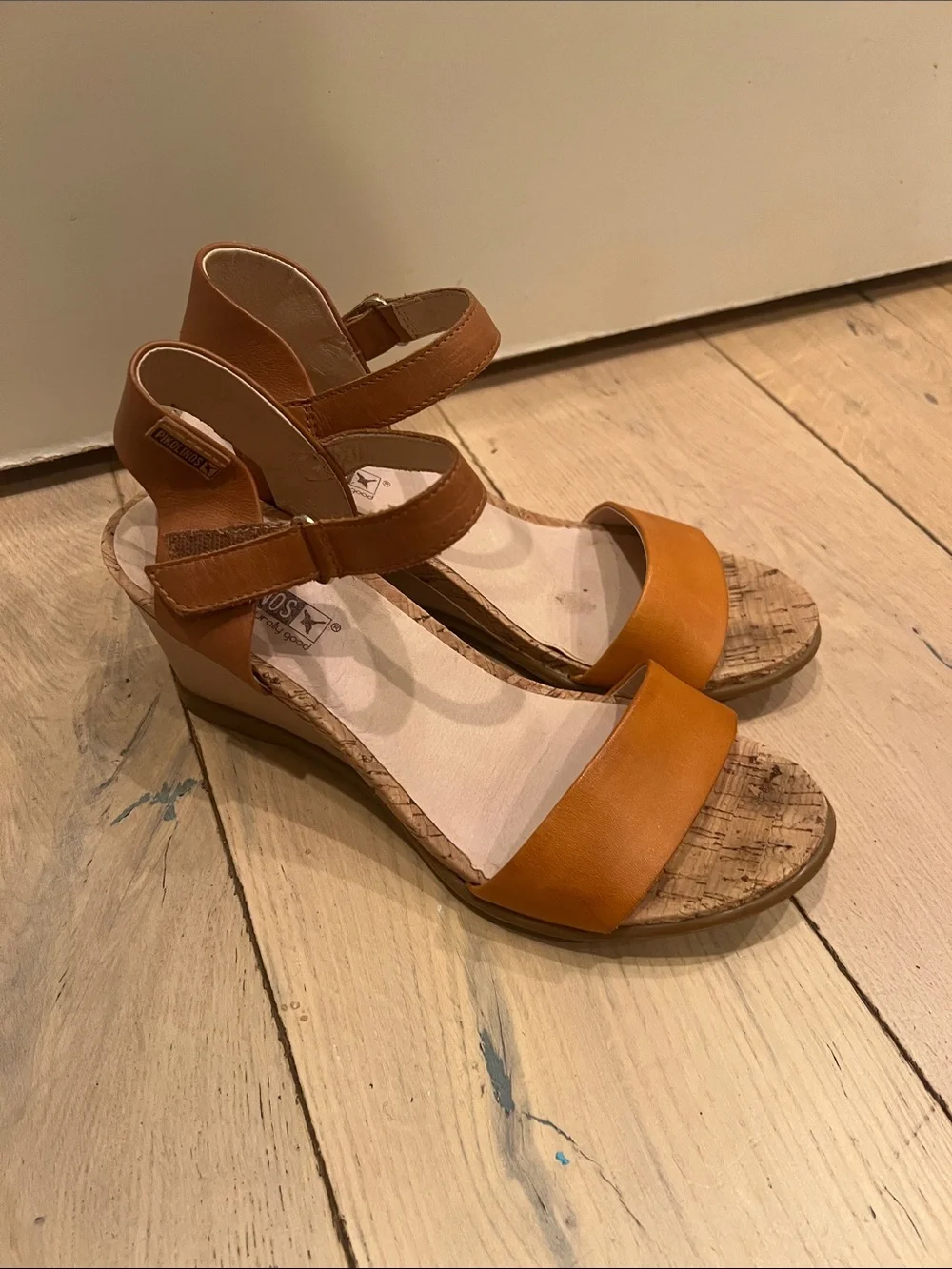 PIKOLINOS Cognac Leather Wedge Sandals
